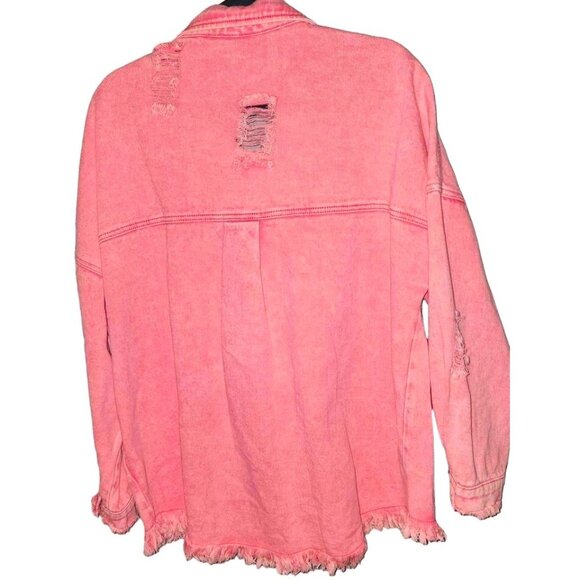 Vintage Pink Distressed Denim Jacket With Frayed Hem & Button Front Large - Picture 7 of 9